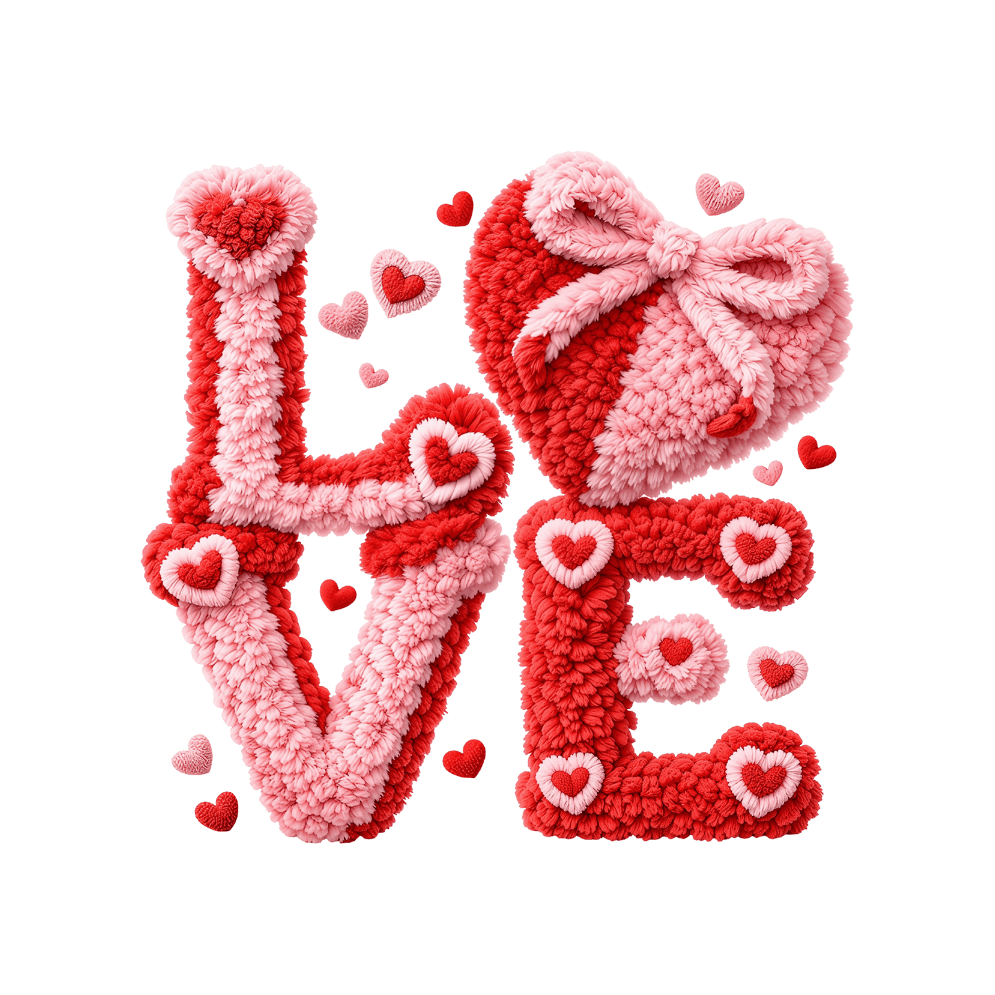 DTF Saint-Valentin – "LOVE" Peluche Tricot & Nœud (Rose & Rouge)