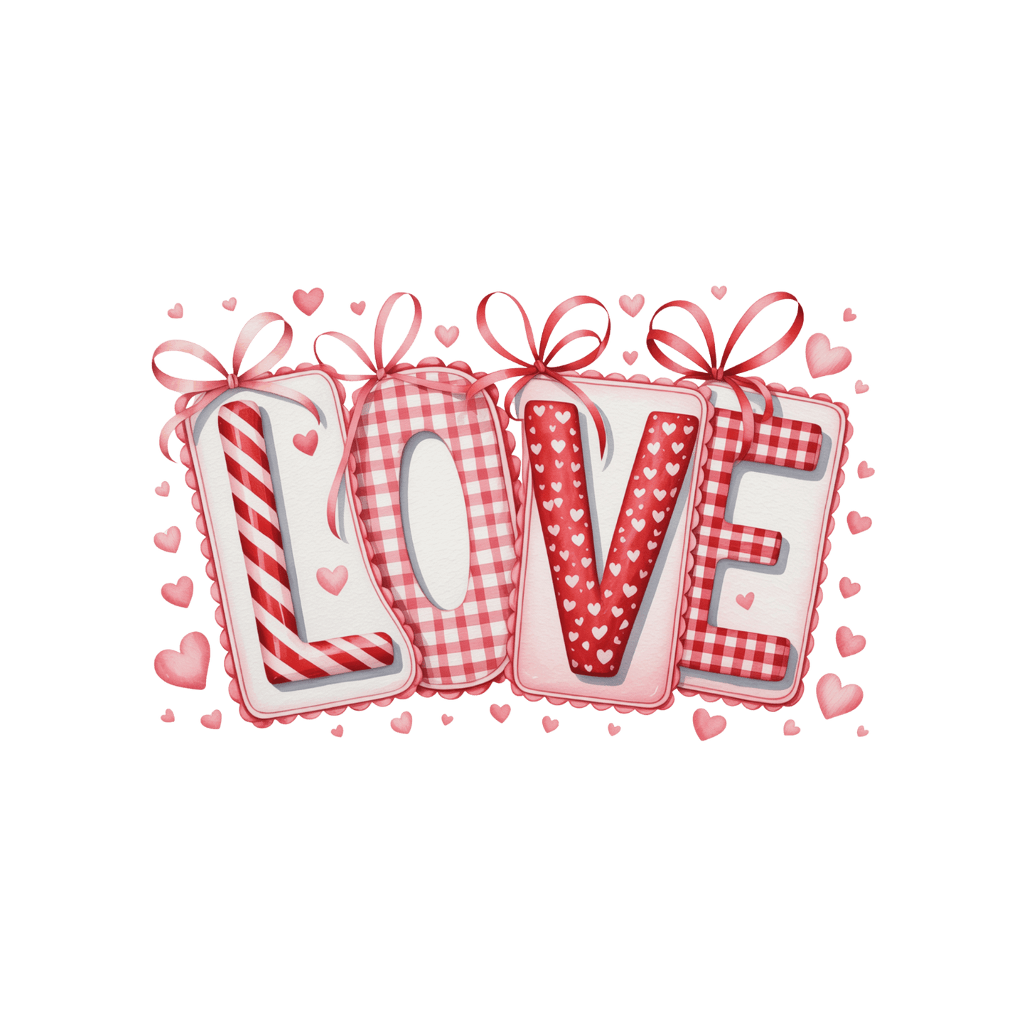 DTF Saint-Valentin – Mot "LOVE" Patchwork Cœurs & Rubans