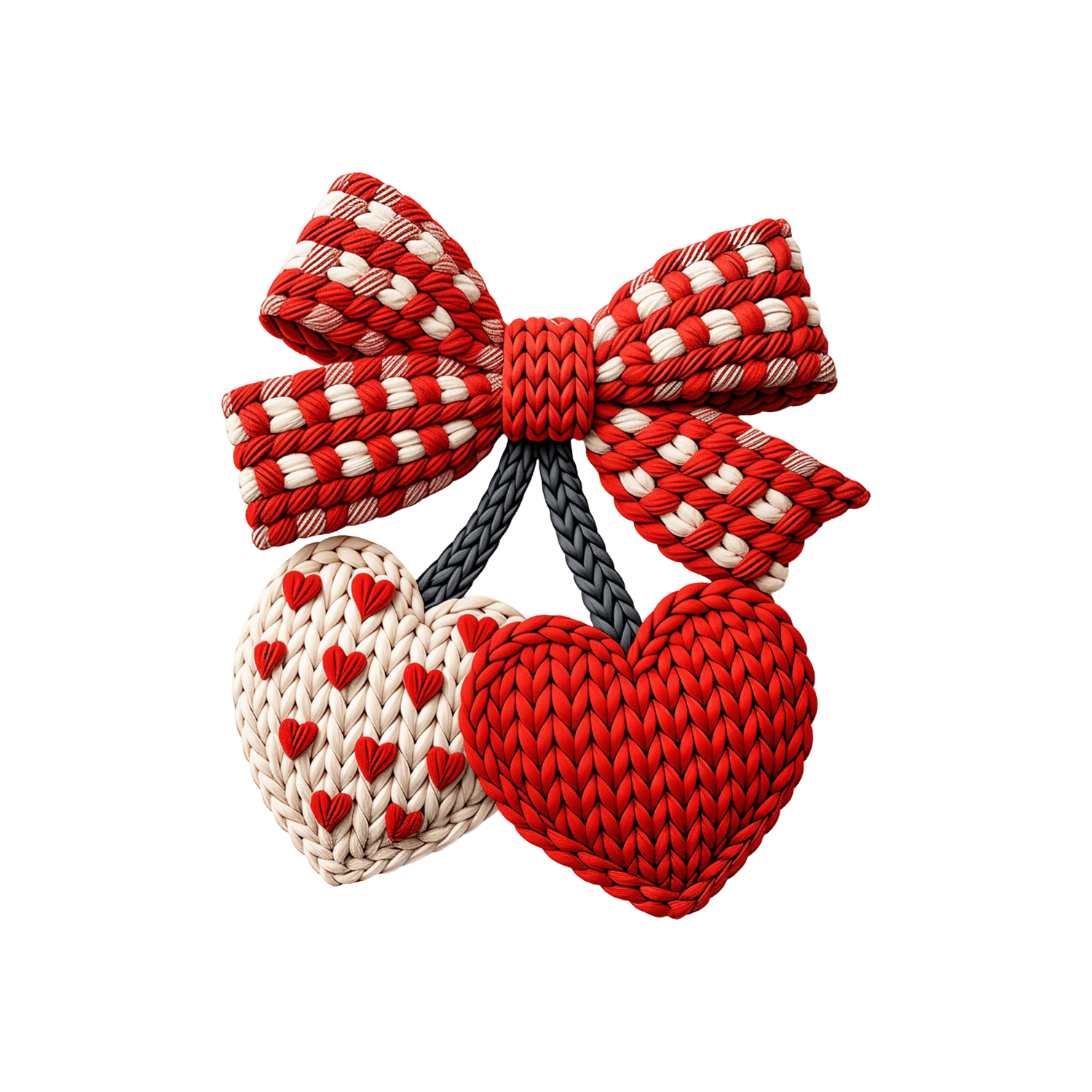 DTF Saint-Valentin – Cœurs Tricot & Nœud (Rouge/Crème)