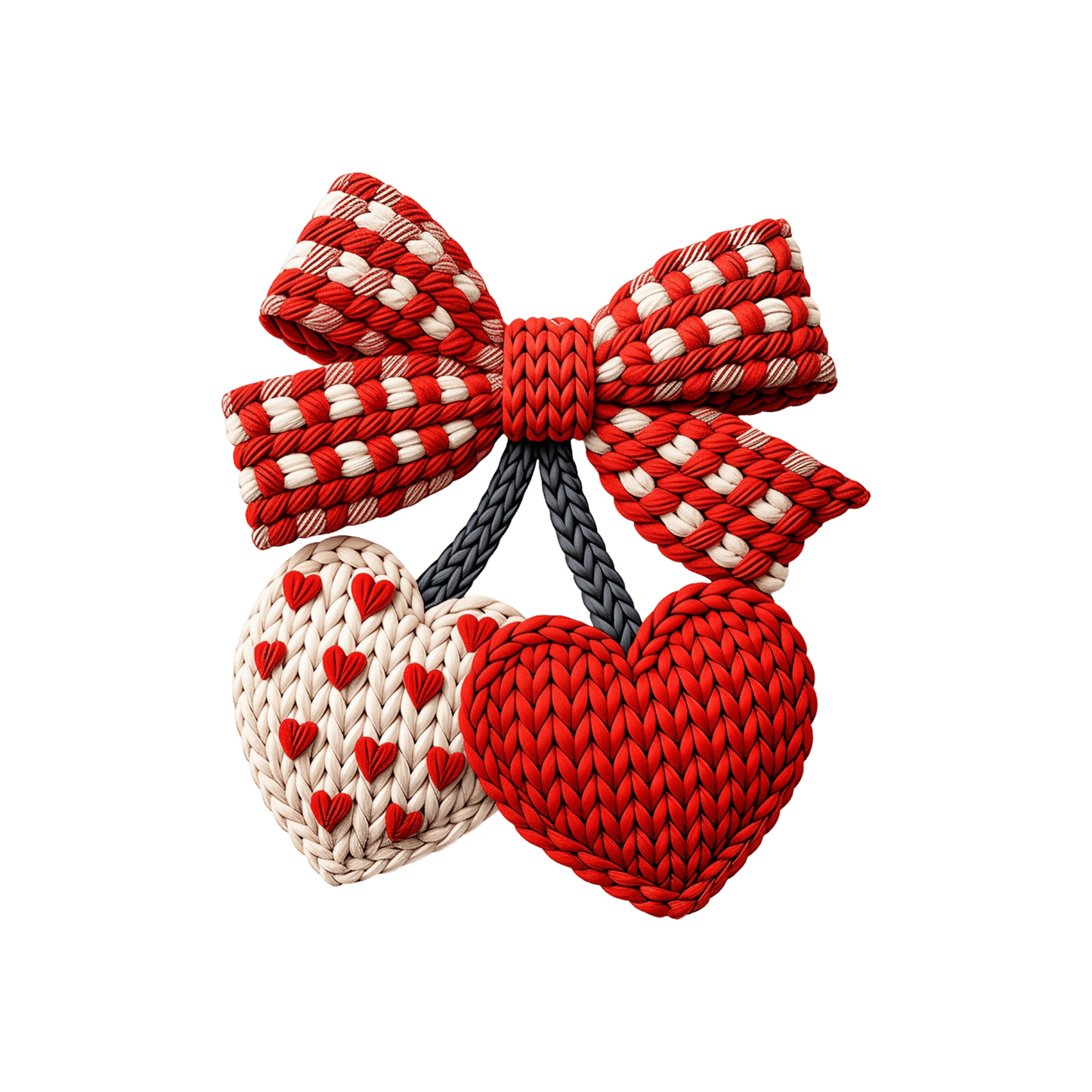 DTF Saint-Valentin – Cœurs Tricot & Nœud (Rouge/Crème)